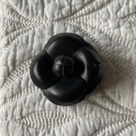 CHANEL Jewelry - CHANEL Black Leather Camellia Flower